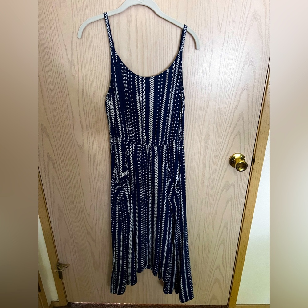 Cabi #5048 Blue & White Summer Midi Scoop Neck Dress with Pockets L